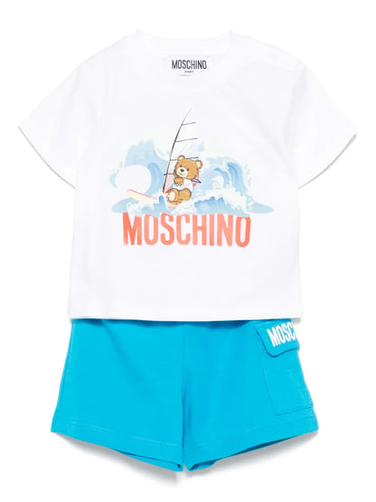 Set para bebé niño de camiseta blanca y pantalón corto azul Teddy Bear MOSCHINO