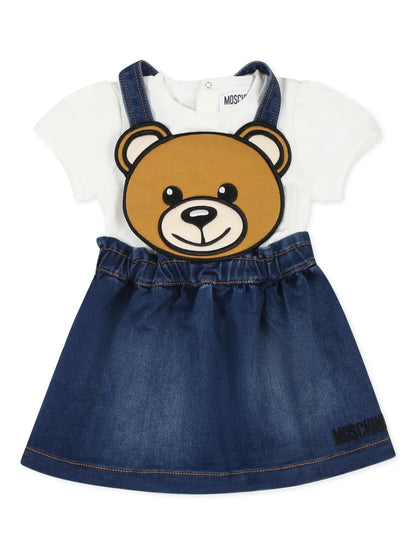 Set para niña de vestido de denim con Teddy Bear y camiseta blanca MOSCHINO