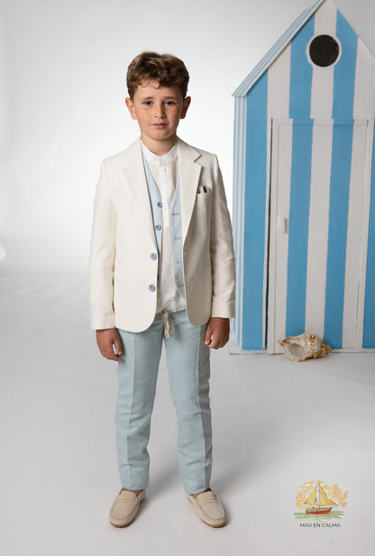 Traje completo con chaleco blanco/beige y pantalones blancos (diferentes de la primera foto) americana blanca para el niño AMALIO RUBIO