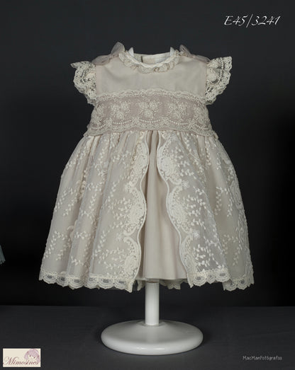 Ecru and pink lace dress 3022 with brag and cap for christening of the brand MIMOSINES
