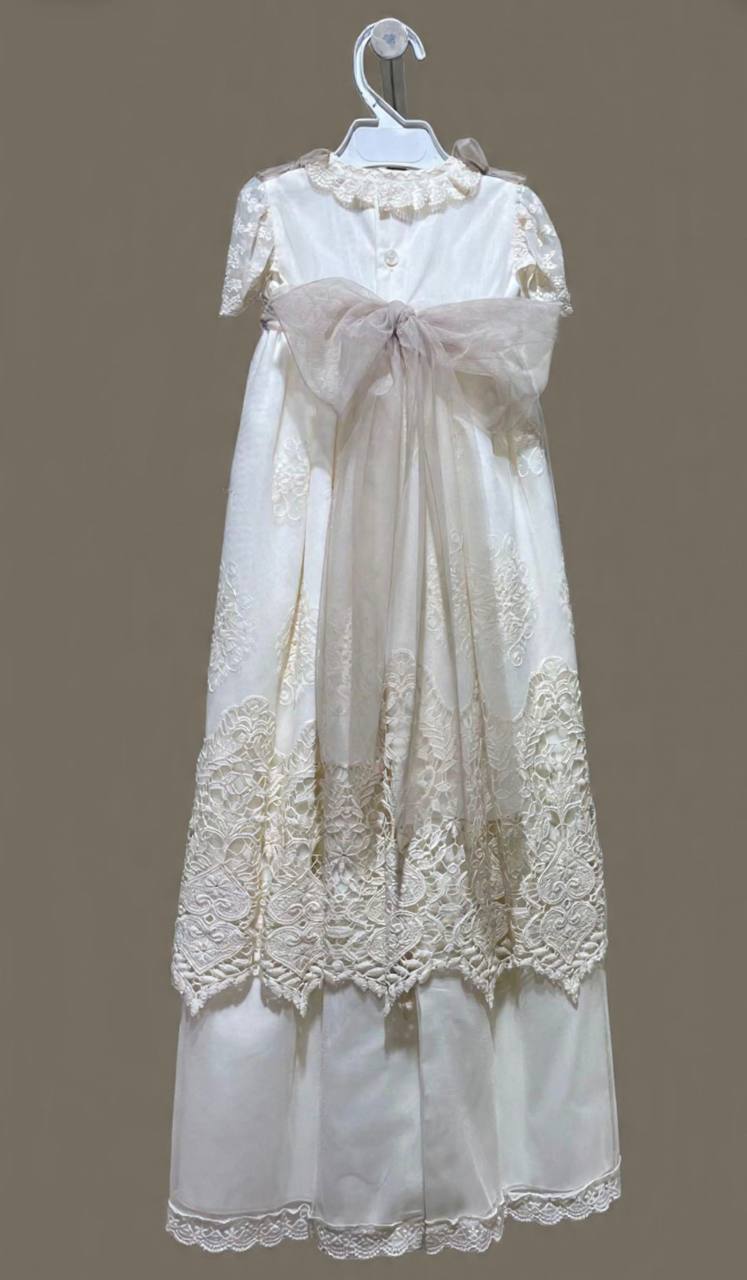 Ecru and pink christening dress skirt style 3100 with cap of the brand MIMOSINES