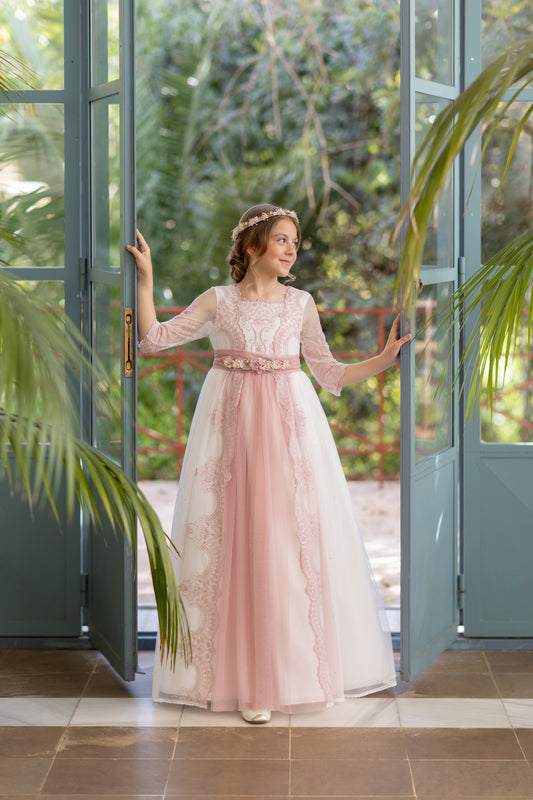 Vestido de comunión el modelo AZALEA de la marca ALHUKA (corona de flores incluida)