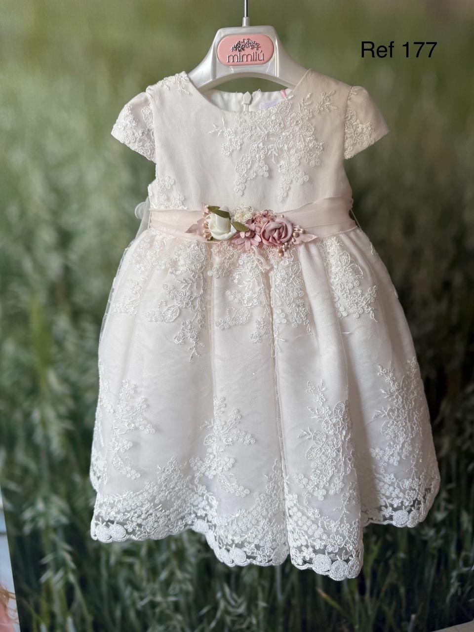 Vestido de ceremonia 177 con bordado rosa  para niña de la marca MIMILÚ