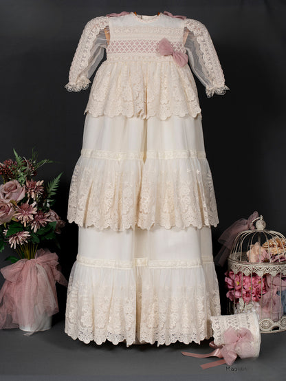 Ecru christening dress skirt style 3021 with cap of the brand MIMOSINES