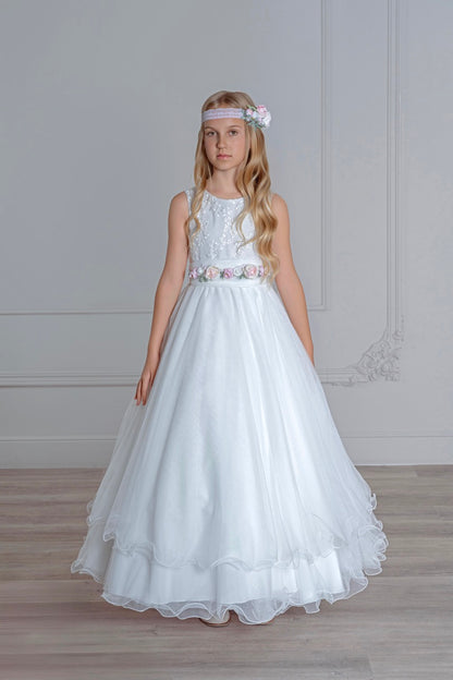 Vestido de comunión 541 para niñas de la marca MIMILÚ (el cinturón y la flor son diferentes de la foto)