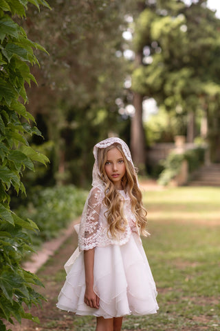Communion and ceremony jacket 571 white lace cape style hooded jacket for girl of the brand MIMILU