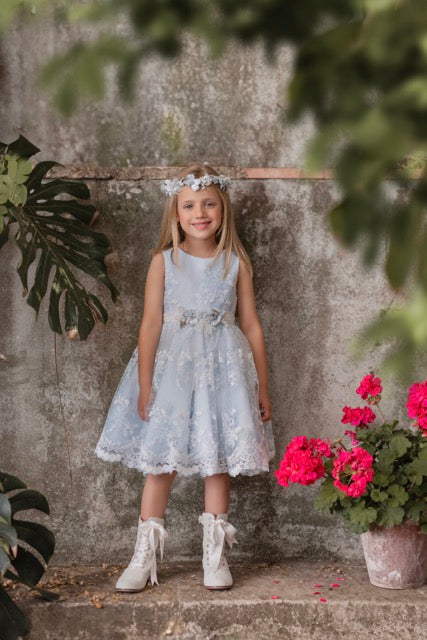 Vestido de ceremonia 245 con bordado azul  para niña de la marca MIMILÚ