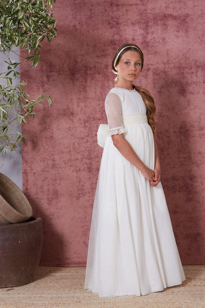 Vestido de primera comuniôn para niña con lazada tul de marca Flor de C - Modini Shop