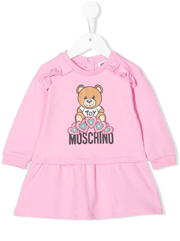 ملابس الأطفال - فستان من النوع الثقيل وردي مع شعار وكشكشة MOSCHINO