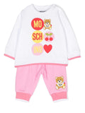 ملابس أطفال - طقم سترة وردية وسروال طويل مع شعار الدب وMOSCHINO