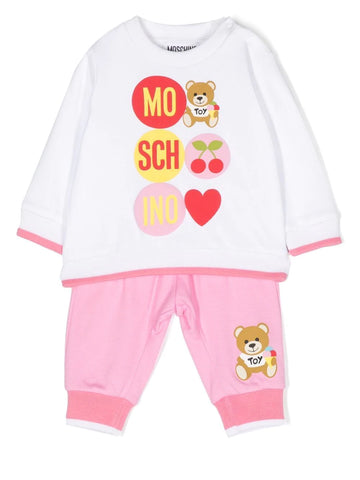 Childrenswear - pink jumper and long trousers set with bear and MOSCHINO logo