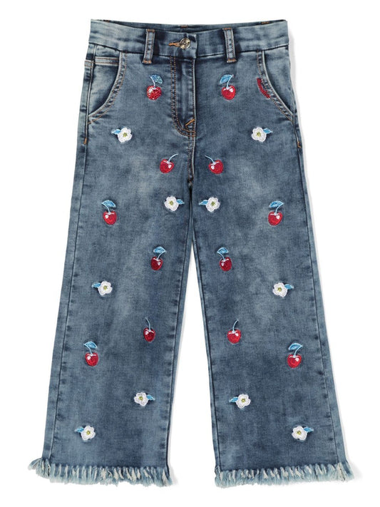 Girl's jeans with floral embroidery and frayed hems MONNALISA