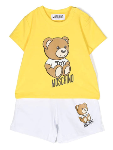 ملابس الأطفال - طقم تي شيرت وسروال أصفر قصير مزين بزخارف MOSCHINO Teddy Bear