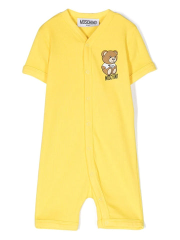Yellow short-sleeved bodysuit with logo and bear for baby unisex summer MOSCHINO