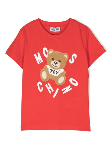Girls clothing - red t-shirt with bear print and MOSCHINO logo