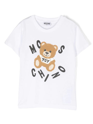 Girls clothing - white t-shirt with bear print and MOSCHINO logo