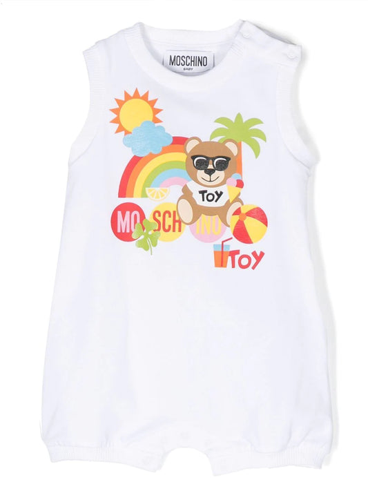Body blanco de manga corta con logo y oso para bebé unisex verano MOSCHINO