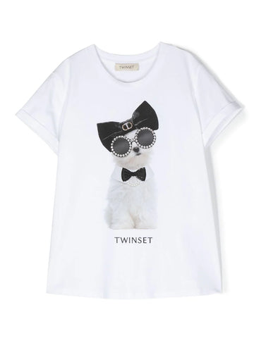 Camiseta blanca con perro estampado y logo TWINSET