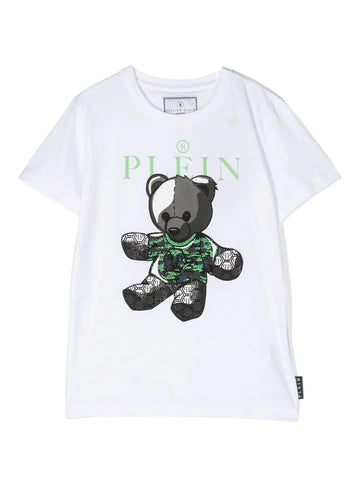 ملابس الأطفال - تي شيرت أبيض مع شعار أخضر وطبعة الدب فيليب بلين