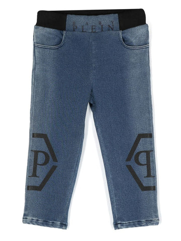 بنطال جينز طويل باللون الأزرق المتوسط ​​مع شعار Philipp Plein