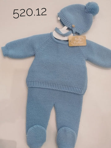 ملابس أطفال - طقم محبوك مع قبعة زرقاء للطفل الرضيع Baby Fashion