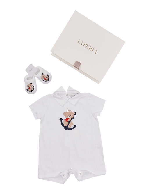 Body  blanco oso marinero de manga corta para niño con zapatitos  La Perla