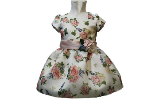 Ropa para niñas - vestido blanco estampado de flores con chaqueta y diadema Ambarabá