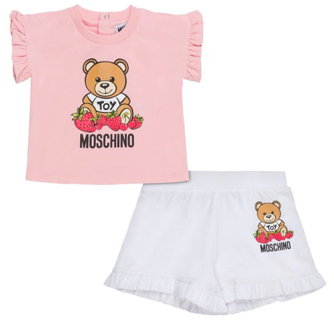 ملابس أطفال - طقم تي شيرت وشورت وردي اللون بطبعة MOSCHINO Teddy Bear