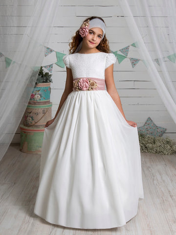 Communion dress L127 with flowers at the waist and short sleeves MARLA