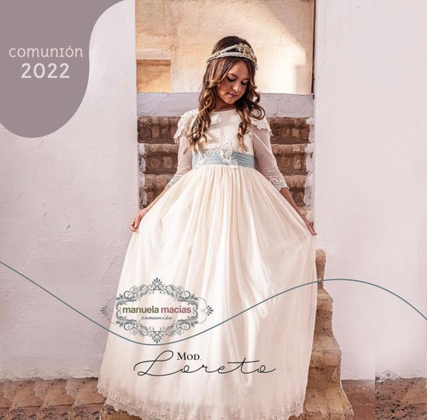 Vestido AMELIA de comunión para niña de la marca Manuela (corona de fl –  Modini Shop