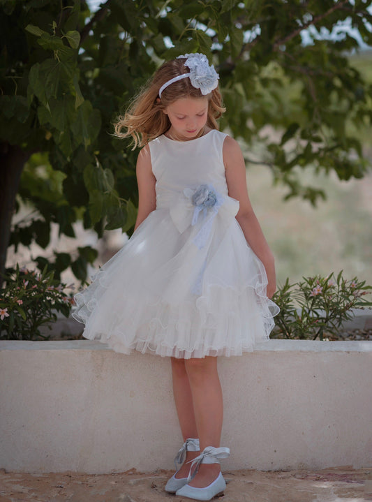 Vestido de ceremonia blanco flores azules 660 para niñas de la marca MIMILÚ