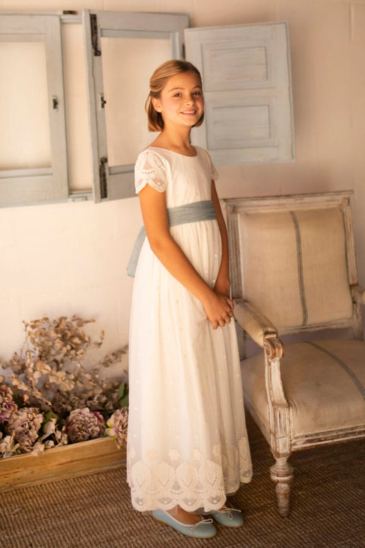 Vestido de comunión para niña con lazada verde LUNA Coordinanos