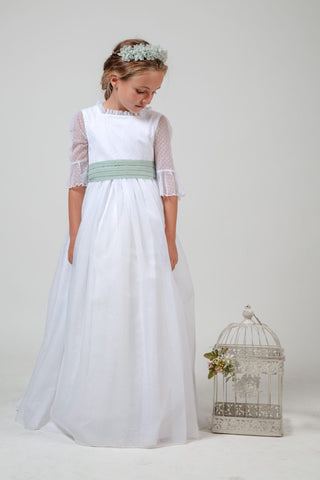 Communion dress for girl with green bow TRIANA Coordinanos
